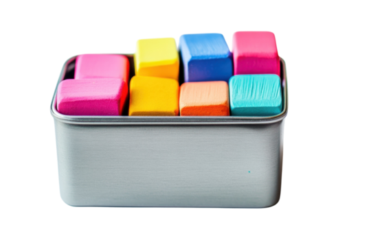 Brightly colored wooden blocks arranged neatly in a tin container on a clean white surface isolated on transparent background