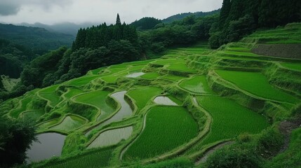 Serene Green Rice Terraces in the Mountains of Japan