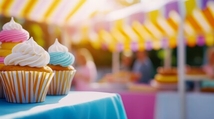 Colorful cupcakes on a table at a vibrant outdoor market with blurred people enjoying treats