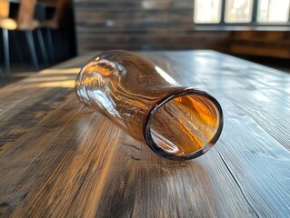 Fototapeta premium Amber glass vase on wooden table in cafe