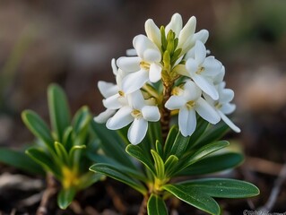 blooming Daphne flower in early spring, its white petals deeply contrasted against a dark, earthy surroundings