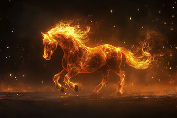 A mythical horse made entirely of flames galloping through the night isolated on a black background