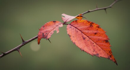 Autumn Leaves on Thorny Branch Macro Shot with Soft Green Background