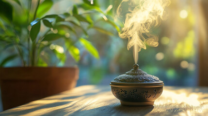Incense smoke rising from a decorative burner in a warm, peaceful indoor setting, symbolizing tranquility, wellness, and the calming effects of aromatherapy and meditation.