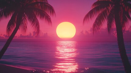 Tropical Sunset Over Ocean With Silhouetted Palm Trees And Vibrant Pink Sky