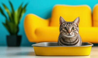 A cat lies in a yellow litter box with filler in a cozy room.
