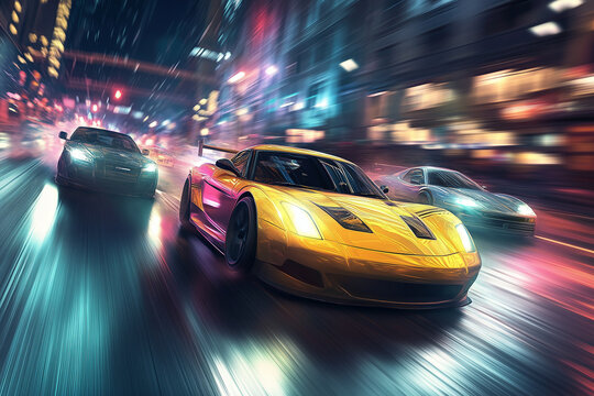 Arcade style racing game with neon cityscapes