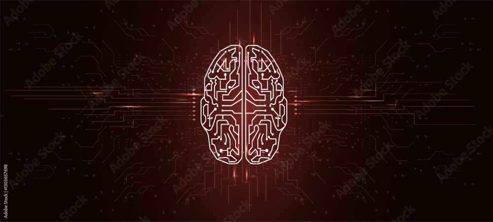 Poster digital brain illustration with circuits and glowing patterns in a dark background.