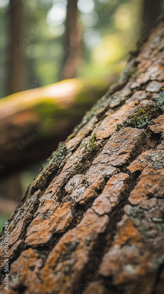 Poster close-up of tree bark in the forest with soft light shining on the surface, showcasing the natural t