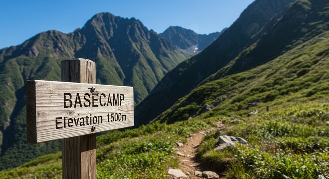 Basecamp Sign on Hiking Trail with Mountain Views and Clear Blue Sky