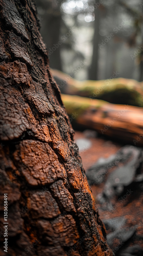 Poster Close-up view of the textured bark of a tree in a forest, with soft light highlighting the natural patterns, representing nature's rugged beauty and the organic elements of the forest.