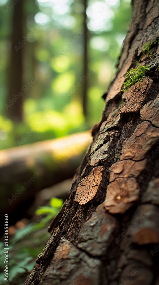 Poster Close-up of tree bark with textured patterns in a forest, showcasing the rough surface and mossy details, symbolizing the beauty and resilience of nature in a serene woodland setting.