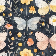 Seamless vintage botanical pattern featuring butterflies, poppies, and wildflowers on a dark background. Elegant hand-drawn design in soft beige and golden tones, for textiles and wallpaper 