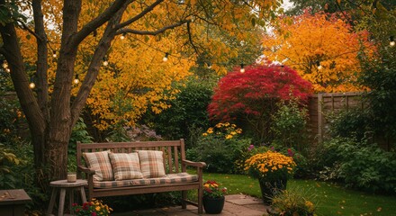 Autumn Garden Scene with Bench, Lights, and Vibrant Fall Foliage