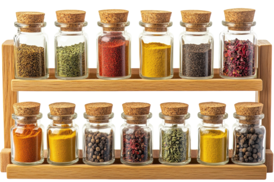 Colorful array of spices displayed in glass jars on a wooden shelf adds charm to any kitchen space isolated on transparent background