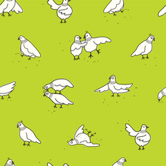 Cartoon vector seamless pattern with pigeons in funny positions. Would look great on wrapping paper, fabric or wallpaper. 