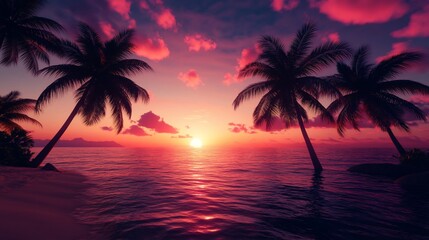 Fototapeta premium Tropical Sunset Over Calm Ocean With Silhouetted Palm Trees and Vibrant Pink Sky