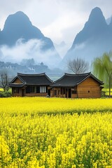 Fototapeta premium A wooden house in a vast field of vibrant yellow flowers with misty mountains in the background, creating a serene scene.