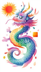 Obraz premium Rainbow chinese dragon rising with stylized sun and symbol