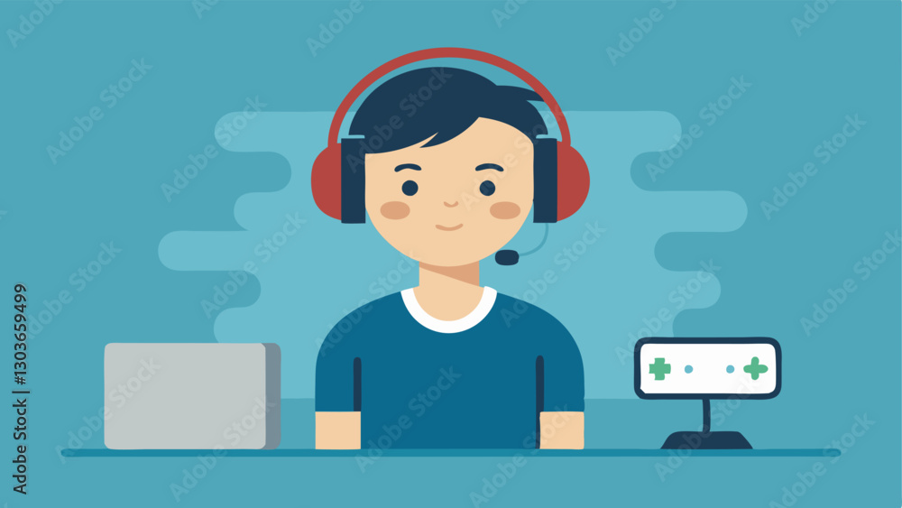 Poster techsavvy gamer a young character with hearing aids intensely focused on a gaming console with visua