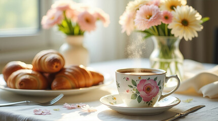 8 of March concept: Elegant Breakfast Table with Coffee, Croissants, and Spring Flowers