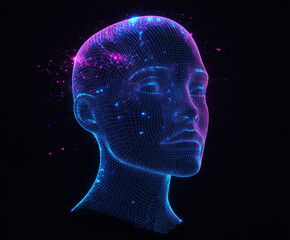 Glowing 3D human head outline made entirely of neon