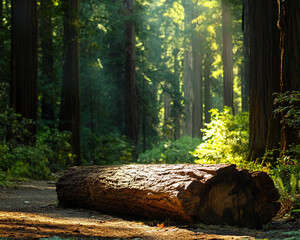 Fototapeta premium A large fallen tree log resting on the forest floor with soft sunlight filtering through the tall trees, symbolizing nature's serenity, growth, and the beauty of the forest.