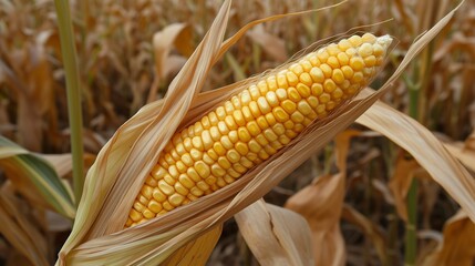 Vibrant corn cob in a golden field, showcasing agricultural bounty and autumn harvest. Perfect for agriculture and food themes.