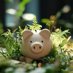 Creative gardening with a piggy bank planter featuring vibrant green plants growing in the outdoors