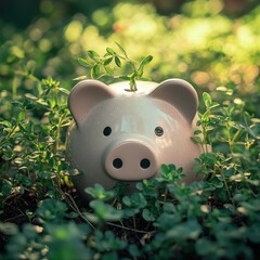 Creative gardening with a piggy bank planter featuring vibrant green plants growing in the outdoors