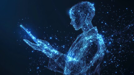 Abstract digital person using tablet, futuristic background.  Possible stock photo use