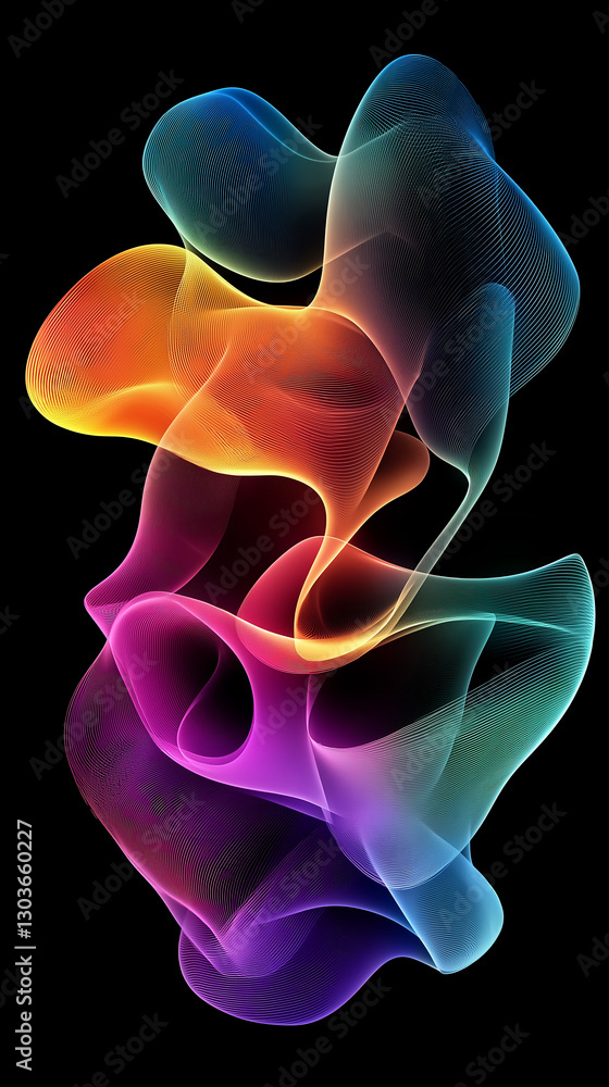 Poster colorful abstract lines flowing on black background