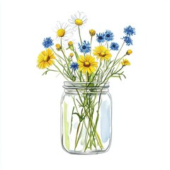 Clipart of wild flowers in a jar, presented as a creative generative watercolor illustration with detailed artwork