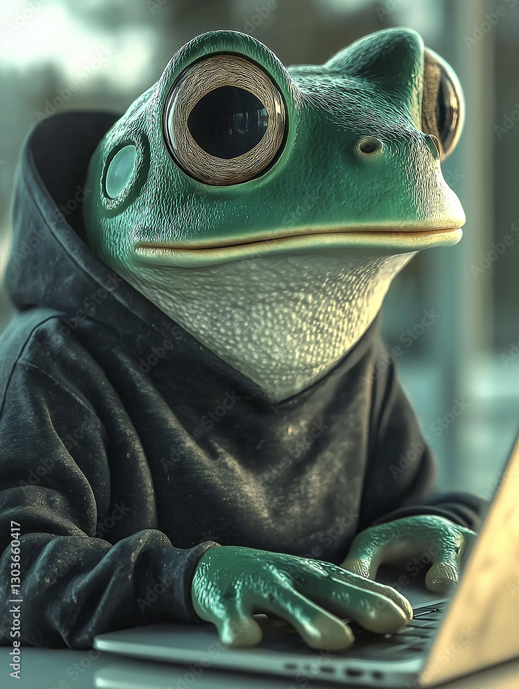Aufkleber programmer frog working on laptop wearing hoodie: artificial intelligence and technology