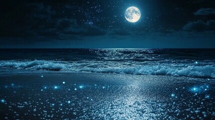 Fototapeta premium A serene night scene featuring a glowing moon over a shimmering ocean.