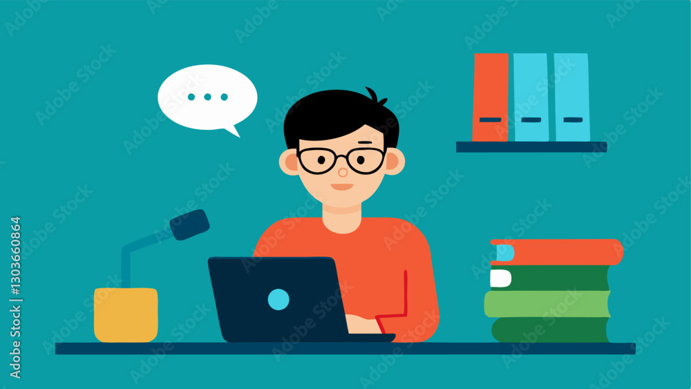 Aufkleber student in library a student with glasses using a laptop speaking into a microphone. the text pops u