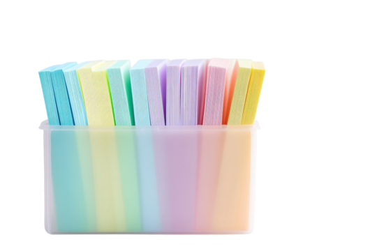 A colorful array of pastel sticky notes arranged neatly in a clear container on a soft surface isolated on transparent background