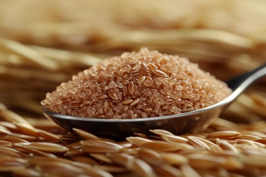 A close-up of flaxseed muc on a spoon, surrounded by scattered flaxseeds and a blurred background