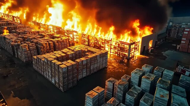A large warehouse burning in flames, with stacks of goods catching fire, symbolizing destruction, danger, and emergency response situations. . High quality 4k footage