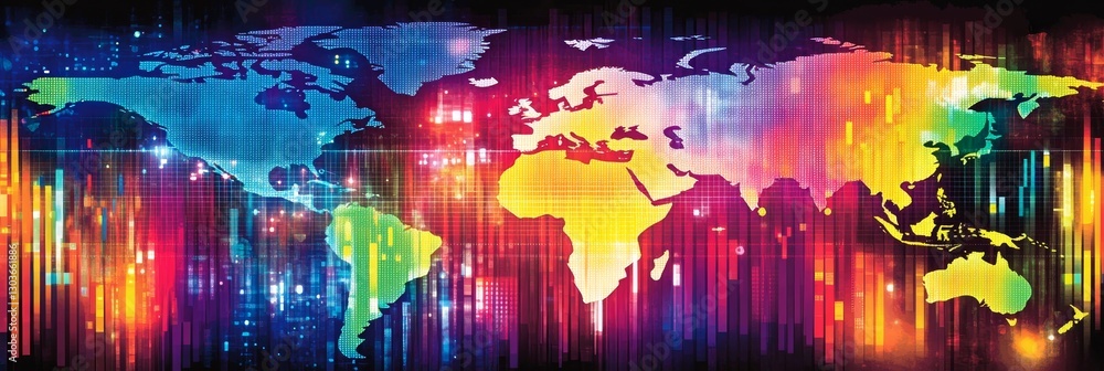 Poster vibrant world map with abstract digital design, representing global connectivity and technology.
