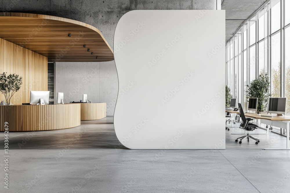 Aufkleber modern office with a curved white partition, wooden reception desk, and open workspace with large wi