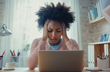 Woman Stressed at Laptop. Home Office