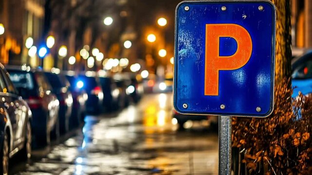 Night parking sign in European city street. Possible use Stock photo for city guides, travel brochures, parking information