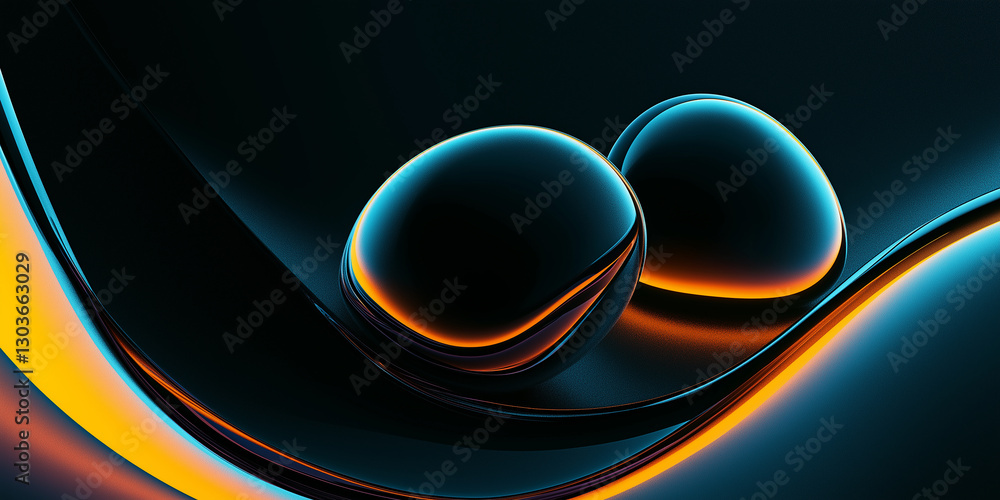 Aufkleber Two glowing spheres resting on flowing abstract shapes in dark environment