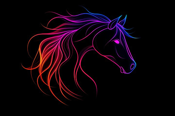 Glowing outline horse, a minimalist horse shape created with a soft neon glow, isolated on a solid background