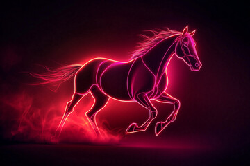 Glowing outline horse, a minimalist horse shape created with a soft neon glow, isolated on a solid background