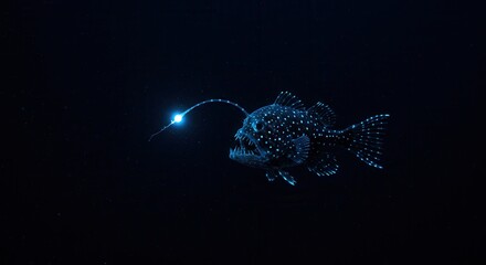 Anglerfish Swimming in Dark Deep Sea with Bioluminescent Light