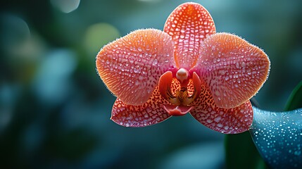 Dew-kissed orange orchid blooms in garden, bokeh background, floral design