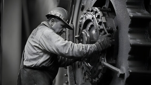 A diligent worker is focused on operating heavy machinery in a factory environment.