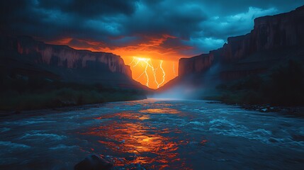 Fototapeta premium Canyon river sunset lightning storm landscape